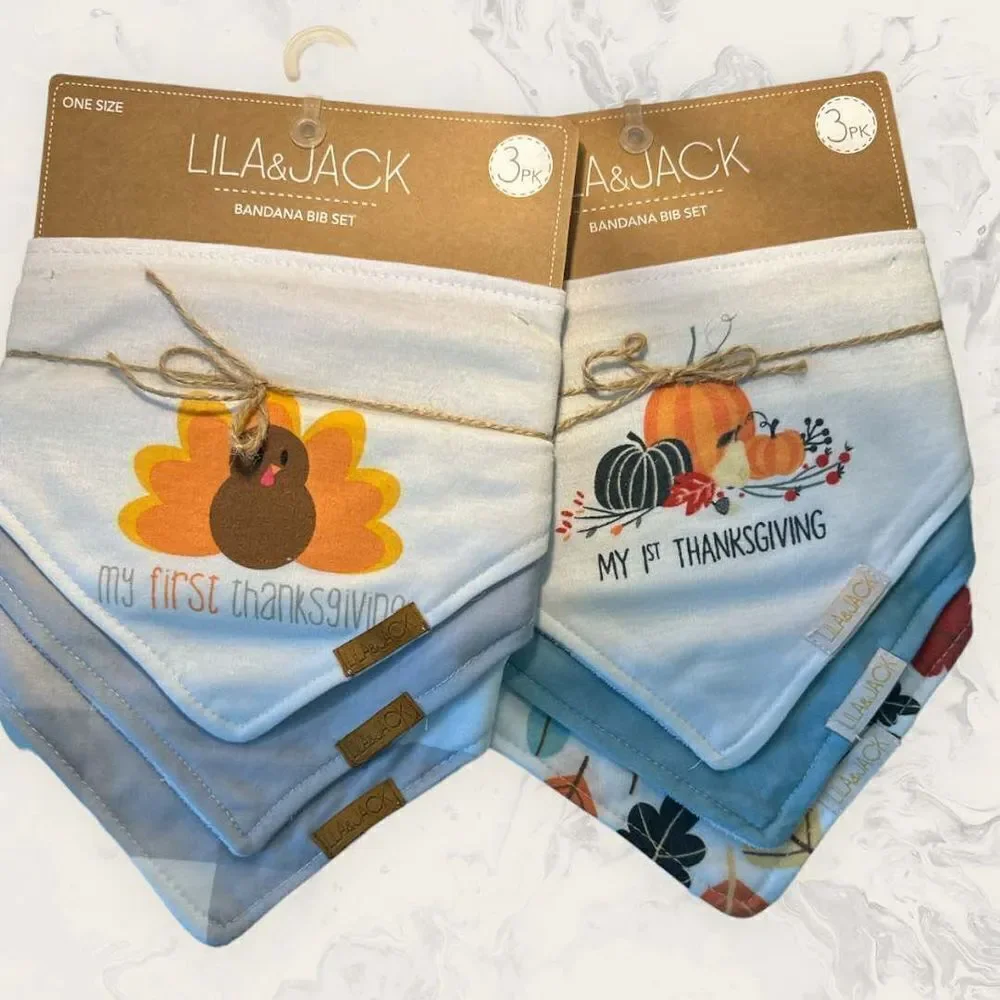 NWT Lila and Jack My First Thanksgiving Bandana Bib Bundle (2 Pack of Set 3 Piec